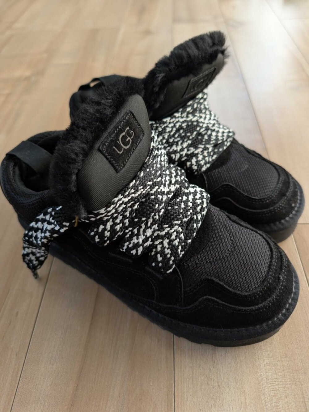 UGG Black Fur Lined Lace-Up Sneakers Size 10 UGG black sneakers with faux fur